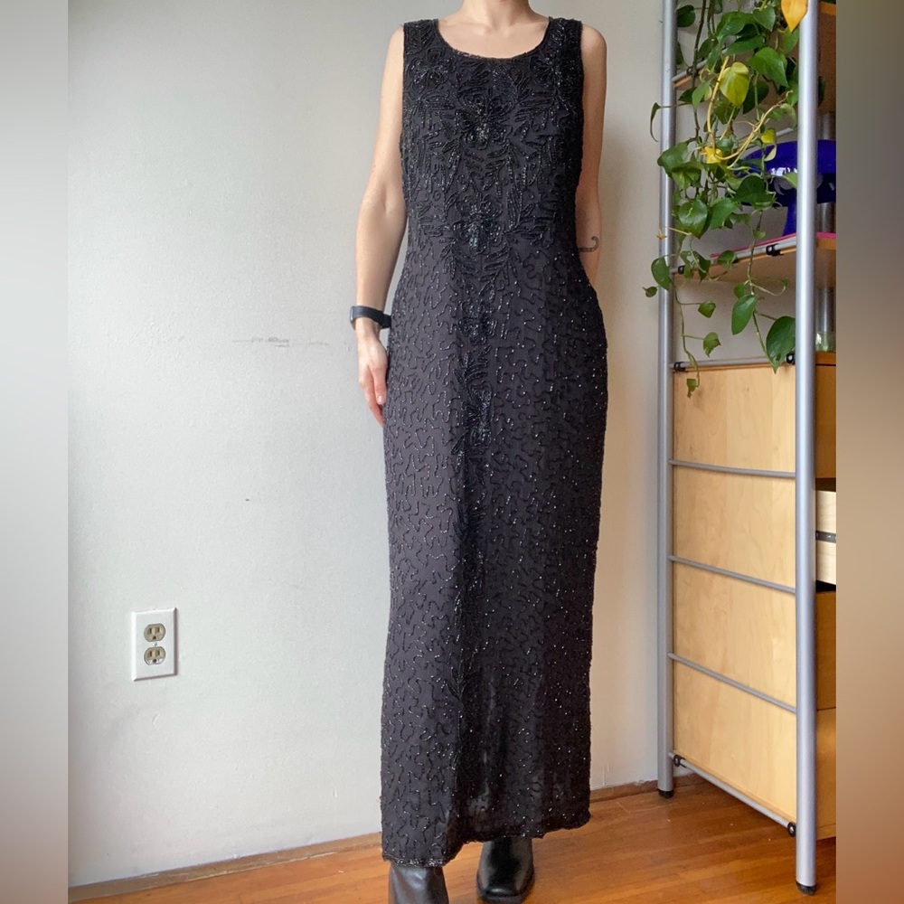 Black Fully Beaded Column Sleeveless Maxi Dress 90s Style size M